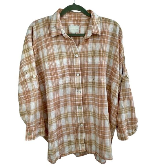 NWOT American Eagle Oversized Linen-Blend Plaid Button Down Shirt Roll Tab XS-1X - Picture 5 of 16